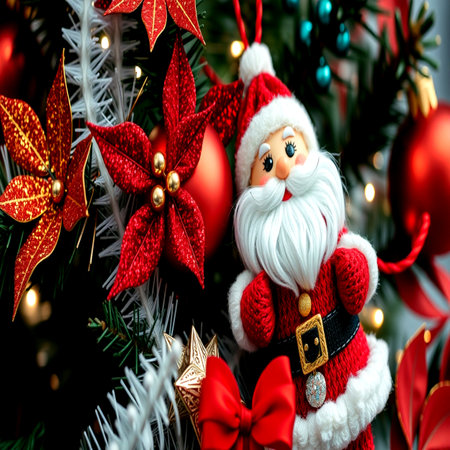 Christmas decoration with Santa Claus on Christmas tree background, Merry Christmas and Happy New Yearの写真素材