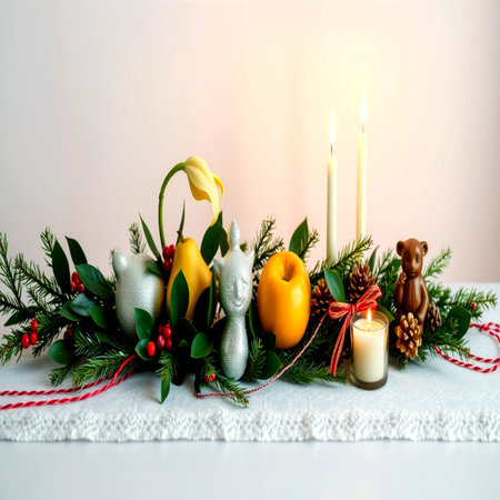 Christmas and New Year decoration with burning candles, yellow tulips, holly berry and fir branches on white backgroundの写真素材