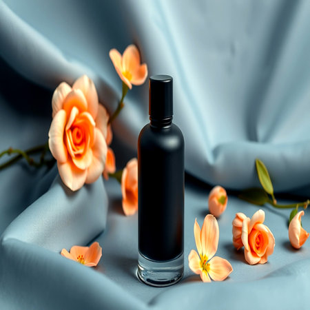 Bottle of perfume and flowers on a blue satin background.の写真素材