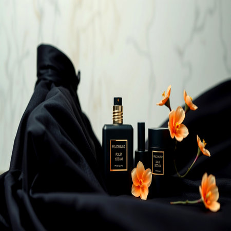 beauty and spa concept - close up of perfume bottles on black fabricの写真素材