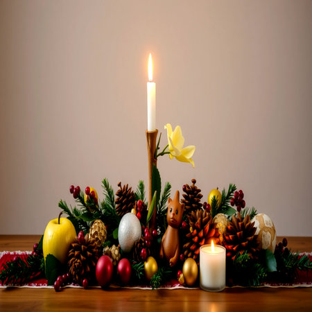 decoration with burning candle, apples and daffodilsの写真素材