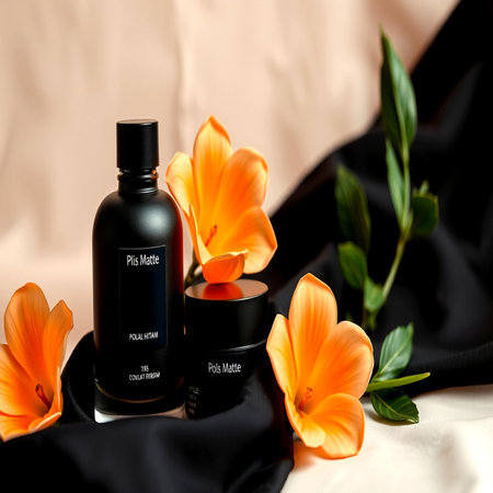 Cosmetic cream and orange lily flowers on a black background.の写真素材