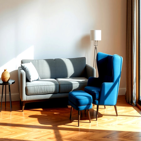 interior of modern living room with blue sofa and blue armchairsの写真素材