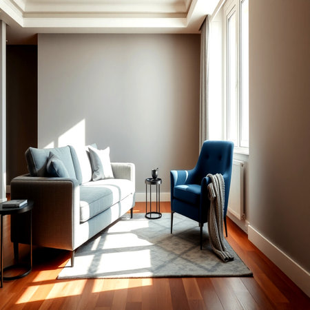 interior of modern house, living room with blue sofa and armchairの写真素材