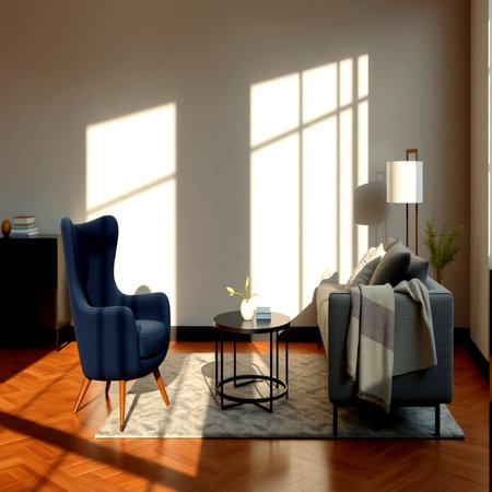 Living room with blue armchair and coffee table. 3d renderの写真素材