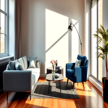 Interior of modern living room with blue armchairs and coffee tableの写真素材