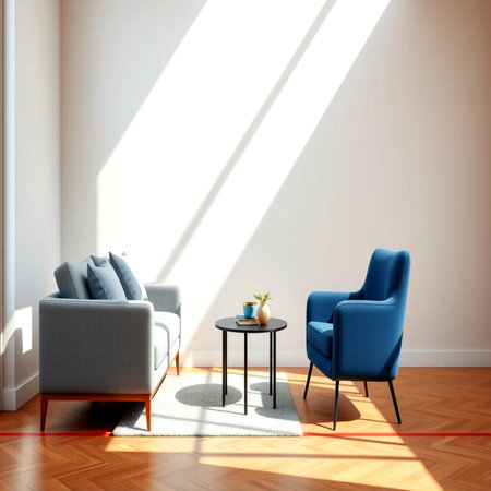 interior with blue armchairs and coffee table, 3d renderの写真素材