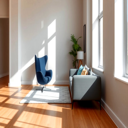 interior modern house, blue armchair with pillows on the floorの写真素材