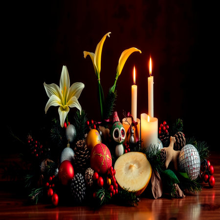 Beautiful Christmas composition with burning candles, apples and lilies on a dark backgroundの写真素材