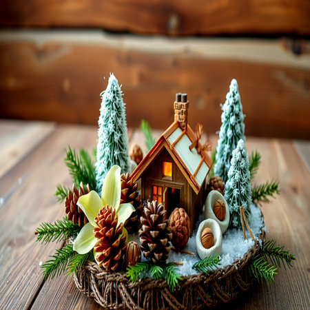 Christmas gingerbread house in a wicker basket on a wooden backgroundの写真素材