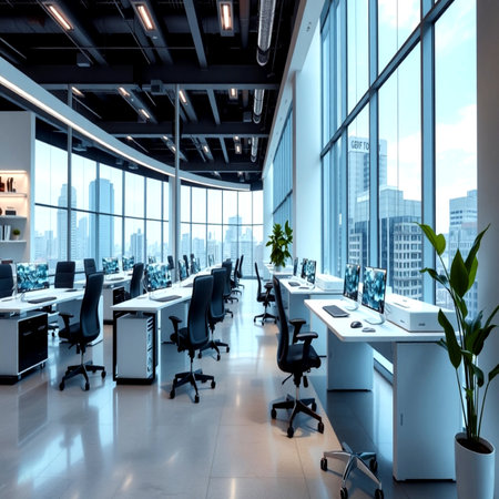 modern open space office with large windows and city view 3d renderingの写真素材