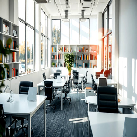 Modern office interior with furniture and window with city view. Nobody insideの写真素材