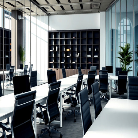 Interior of modern conference room with white walls, wooden floor, rows of black chairs and bookcase. 3d renderingの写真素材