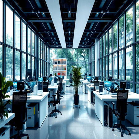 Interior of modern office with glass walls, concrete floor and rows of computer tables. 3d renderの写真素材
