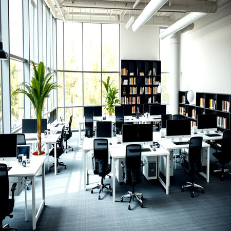 Modern open space office with white walls, rows of computer tables and black chairs. 3d rendering mock up toned imageの写真素材