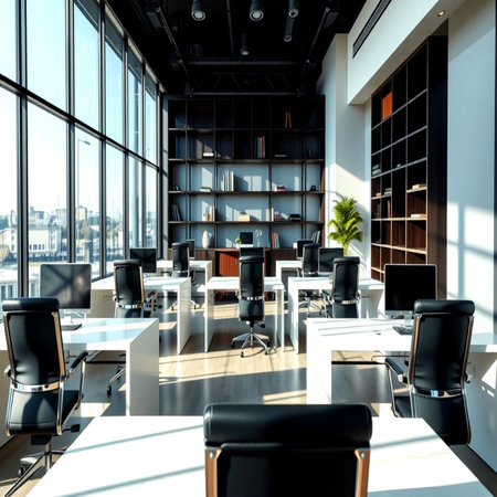 Luxury office interior with panoramic windows. 3D Renderingの写真素材