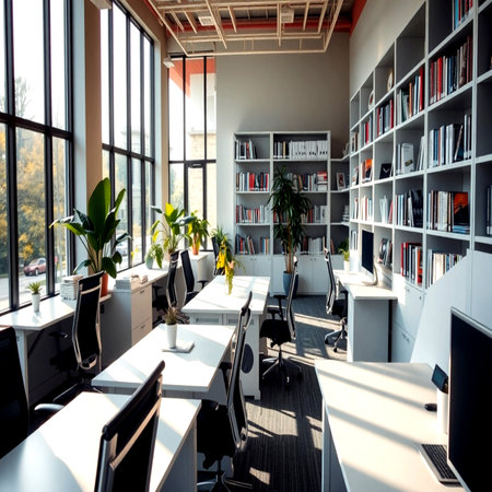 Modern office interior with bookshelves and computer tables. Nobody insideの写真素材