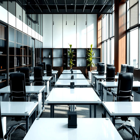 Interior of modern conference room with white tables and black chairs. 3d renderの写真素材