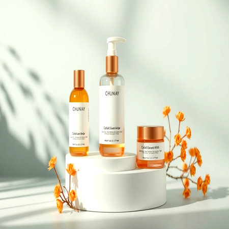 Cosmetic bottle containers on white podium. 3d render illustration.の写真素材