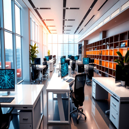 Interior of modern open space office with white and orange walls, concrete floor, rows of computer tables with black chairs and large windows with blurry cityscape. 3d renderingの写真素材
