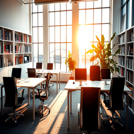 Modern office interior with panoramic window and daylight. 3D Renderingの写真素材