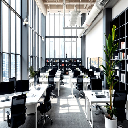 Modern office interior with black and white furniture and panoramic windowsの写真素材