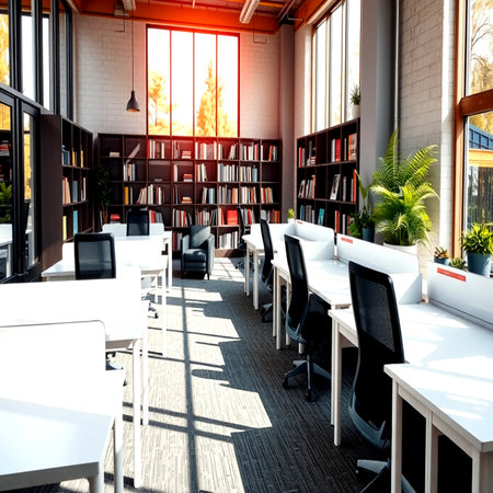 Interior of a modern office with black and white chairs and bookshelvesの写真素材