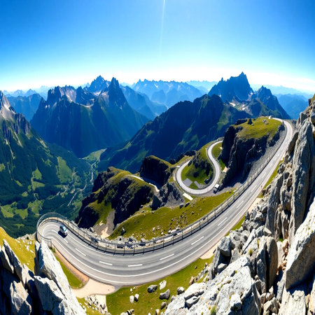 Highway in Dolomites Alps, Italy. Aerial view of the road.の写真素材