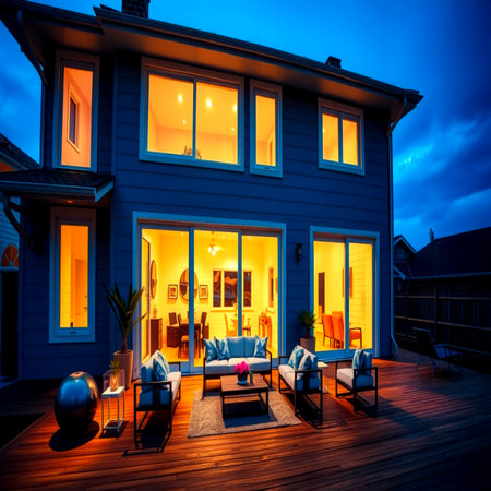 Beautiful luxury house exterior at twilight. Luxury home with wooden floor.の写真素材