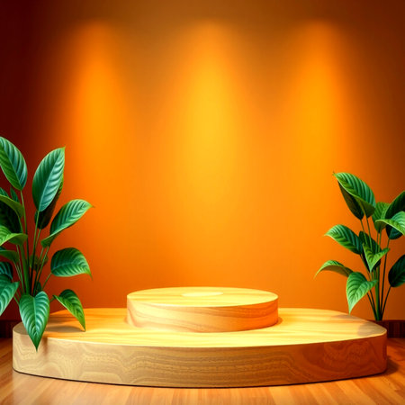 Wooden podium on orange background with green plants. 3d renderの写真素材