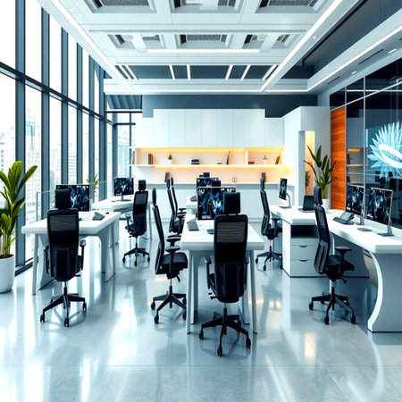 Modern office interior with computers and city view. 3D Renderingの写真素材