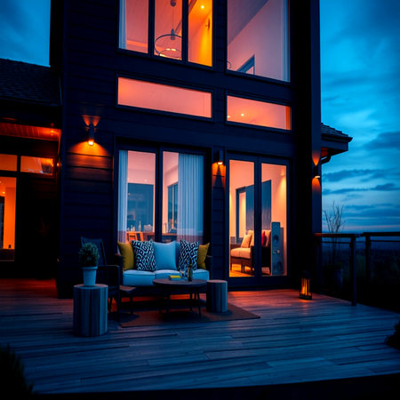 Beautiful luxury house exterior with fireplace and deck at night time.の写真素材