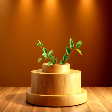 Wooden podium with a plant on a brown background. 3d renderingの写真素材