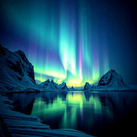 Aurora borealis in the night sky over a mountain lake