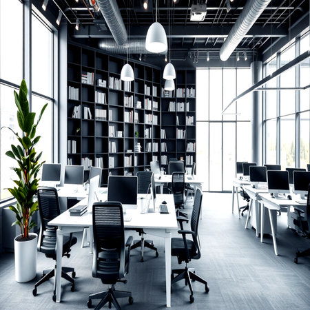 Modern coworking office interior with computers and bookshelves. 3D Renderingの写真素材