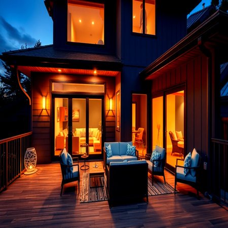 Beautiful house exterior at night with wooden deck and terrace.