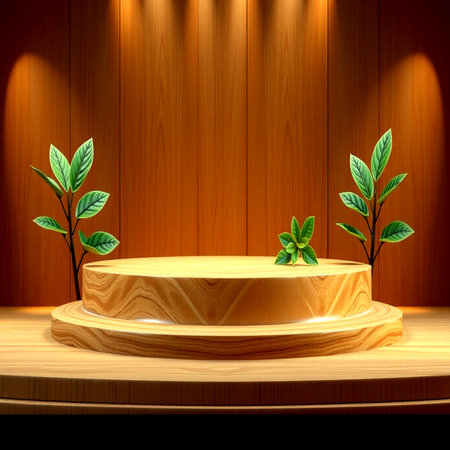 Wooden podium with green leaves on wooden background. 3d renderの写真素材