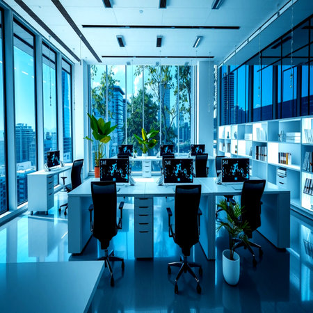 Modern office interior with blue glass walls and floor. 3d renderingの写真素材