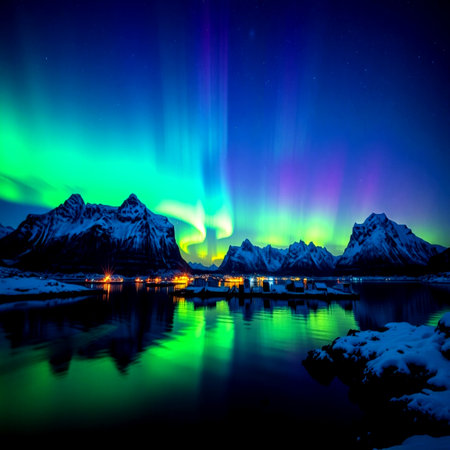 Aurora borealis, northern light over Lofoten islands, Norwayの写真素材