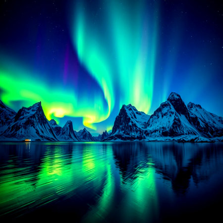 Northern lights, Aurora borealis, Lofoten islands, Norwayの写真素材