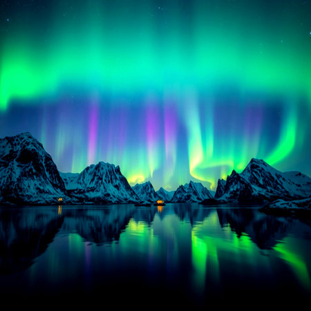 Aurora borealis on Lofoten islands, Norwayの写真素材