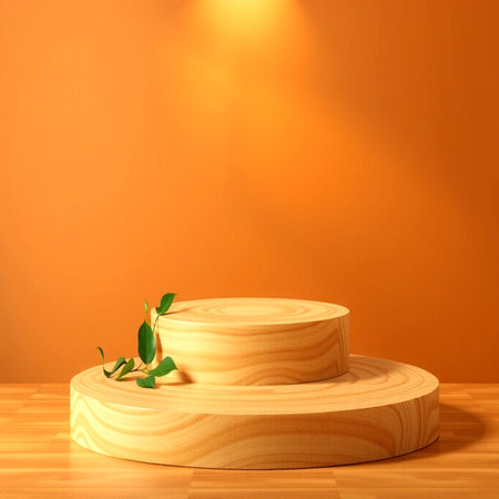 Wooden podium with green leaves on orange background. 3d renderの写真素材