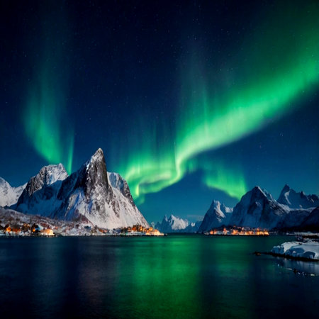 Aurora borealis at Lofoten islands, Norwayの写真素材