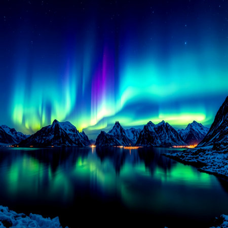 Aurora borealis northern lights over Lofoten islands, Norwayの写真素材