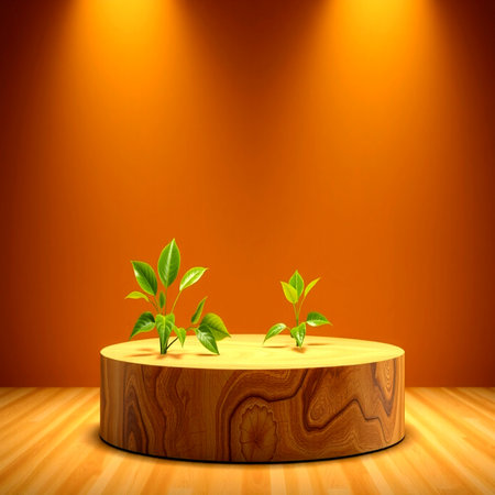 Wooden podium with plant and spotlights on orange background. 3d renderの写真素材