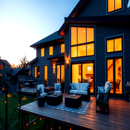 Outdoor patio with chairs and tables in a modern house at sunsetの写真素材