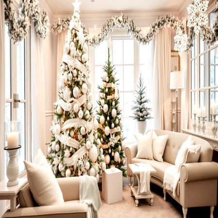 Christmas living room interior with decorated christmas tree, sofa and armchairの写真素材