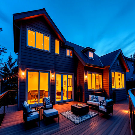 Exterior of a modern house with wooden terrace at twilight.の写真素材
