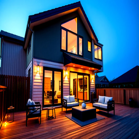 Beautiful house exterior with wooden terrace and balcony at night.の写真素材