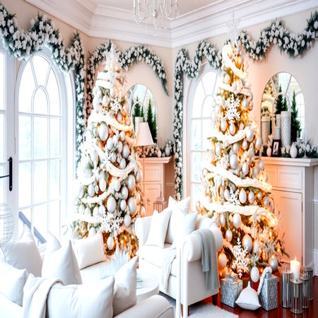 Christmas living room interior with Christmas tree and fireplace. Luxury apartmentsの写真素材